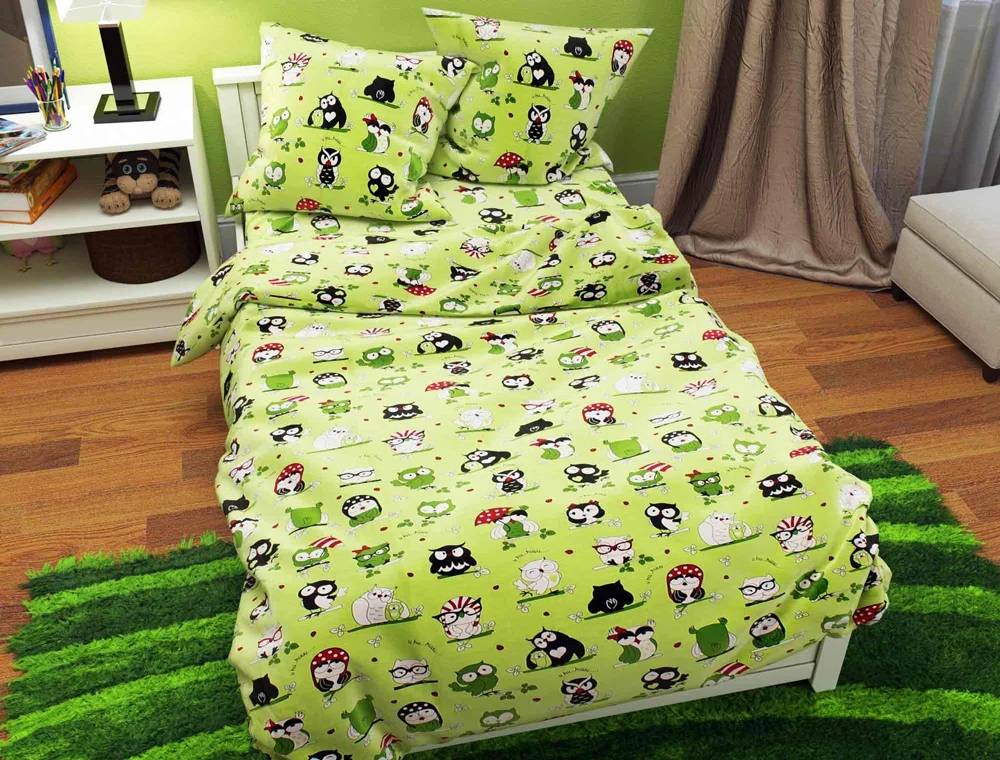 Дитяча бавовняна тканина 220 см салатова Бязь Gold Lux принт сови для пошиття постільної білизни, рулон 50 м Пакистан