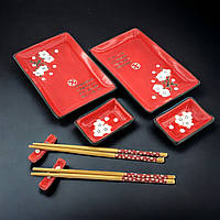 Сервировочный набор посуды для суши из керамики 8 предметов белая Сакура на красном фоне на 2 персоны