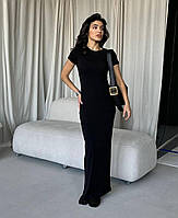 Женское облегающее платье длинное с короктим рукавом макси черное/графитовое