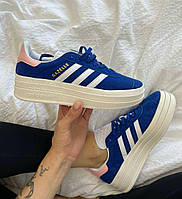 Кроссовки женские Adidas Gazelle Bold Blue Pink Адидас Газель Болд синие кеды на платформе замшевые демисезон