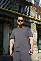 Мужская летняя однотонная oversize футболка Player темно-серая качественная трикотажная футболка LOV XXL-3XL