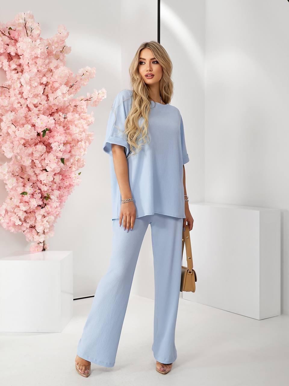 Жіночий вільний брючний костюм з футболкою арт.347 блакитного кольору/ блакитний, фото 1