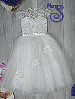 Нарядное белое фатиновое платье для девочки рукав крылышко Размер 140 (10 лет)