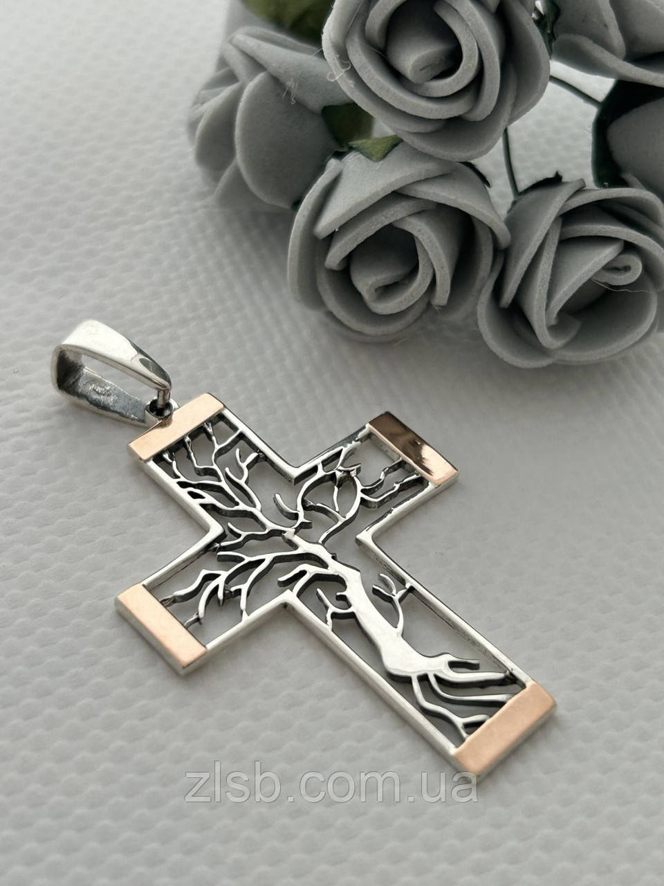 Срібний хрестик із золотими вставками Древо  1080/з кр, фото 1