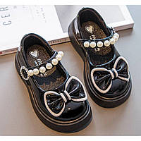 Детские туфли для девочки, чёрные. Лаковые туфельки с бантиком для детей