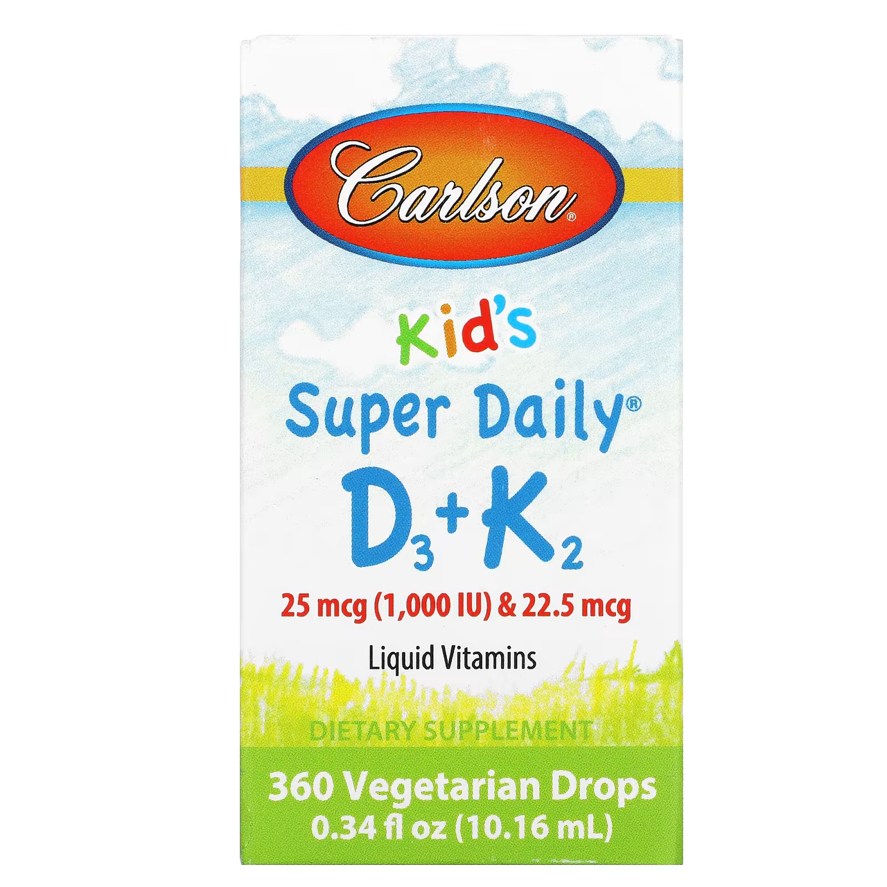 Вітамін Д3 і К2 для дітей, 25 мкг (1000 МО) та 22,5 мкг, 10,16 мл, Carlson, Super Daily