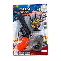 Детский пистолет 6788-12 с мишенью и наручниками пули-присоски 19 см черный с оранжевым.