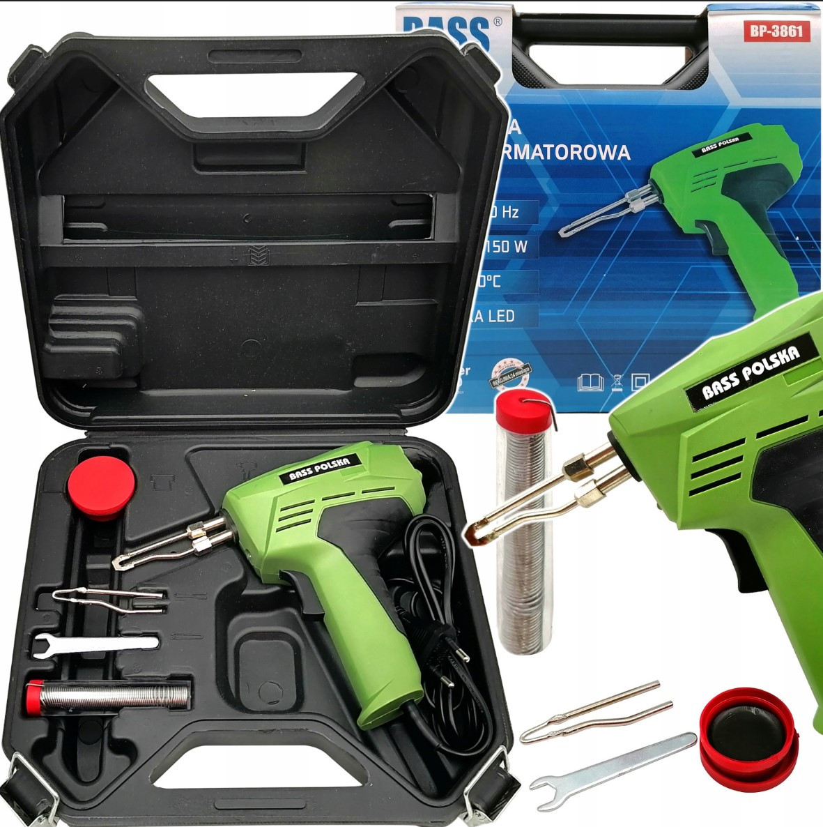 Паяльник електричний Bass Polska 3861 трансформаторний з аксесуарами та LED підсвічуванням