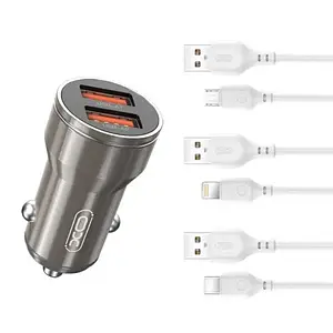 Автомобільний зарядний пристрій для телефона XO CC48 2.4A/2 USB + lightning Light Gray