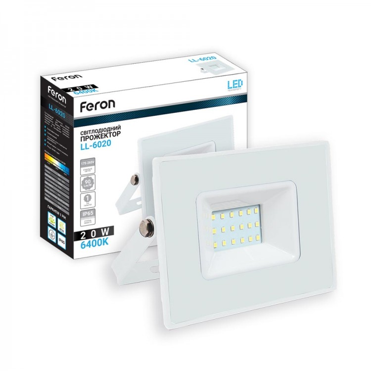 Світлодіодний прожектор 20Вт Feron LL-6020 20W LED 1800Lm 6400K 175-265V 129х111х31мм IP65 білий, фото 1