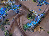 Ткань Шифон жаккард с люрексом яркие цветы, синий на коричневом