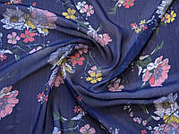 Ткань Шифон с люрексовой нитью майский букет, розовий на синем