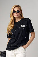 Жіноча футболка зі стразами та вишитим написом Miu Miu — чорний колір, L (є розміри)