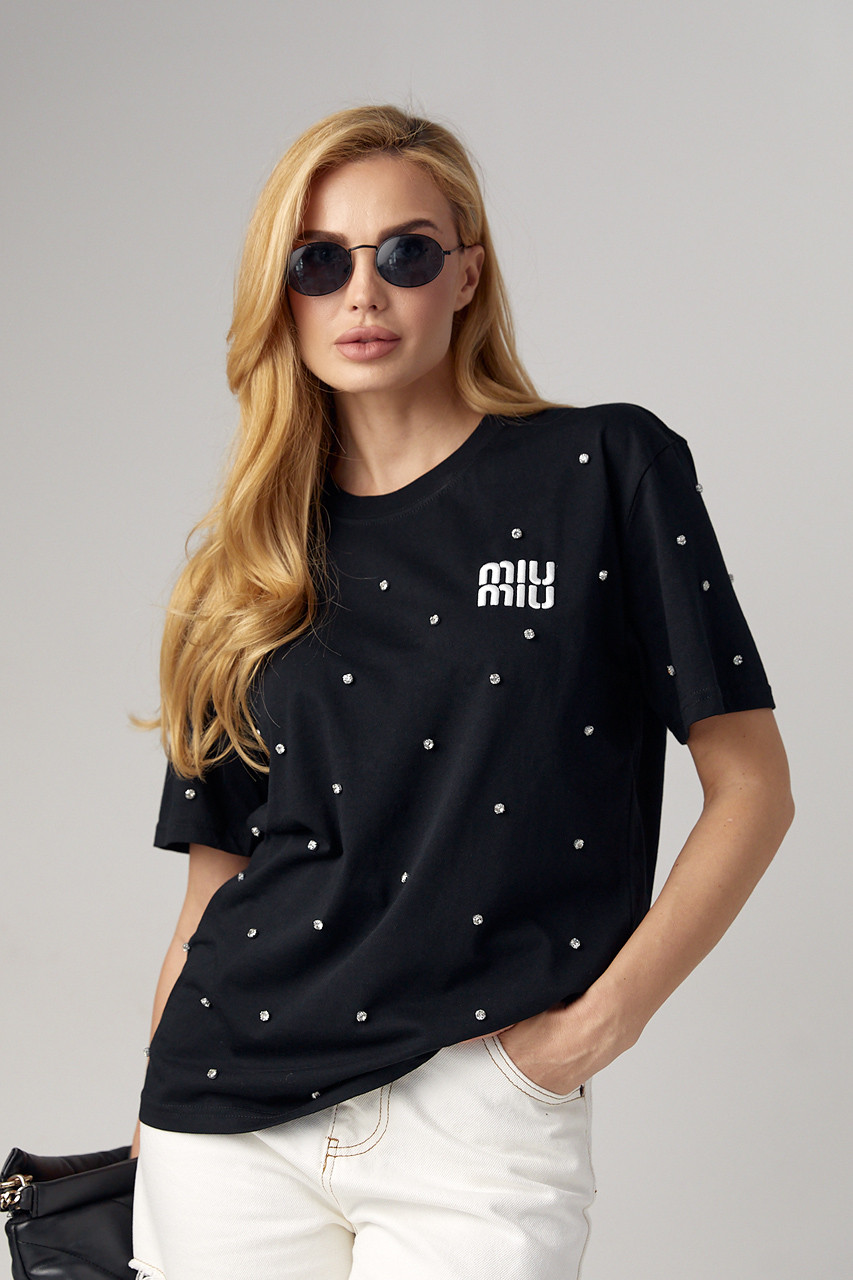 Жіноча футболка зі стразами та вишитым написом Miu Miu - чорний колір, L