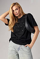 Женская футболка с цветными термостразами - черный цвет, M