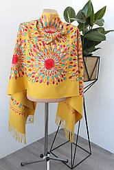 Кашеміровий шарф з шовковою вишивкою "Жар-птриця" у гірчичному кольорі