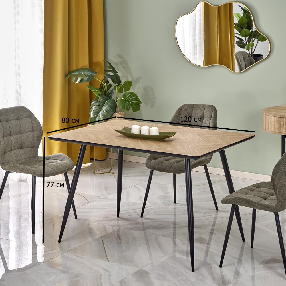 Елегантний кухонний стіл мдф Berto 120х80 см у натуральному кольорі з чорними металевими ніжками, фото 1