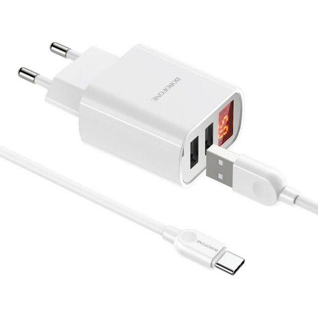 Мережевий зарядний пристрій BOROFONE BA58A LED 2 USB/2.4A, кабель Type-C White