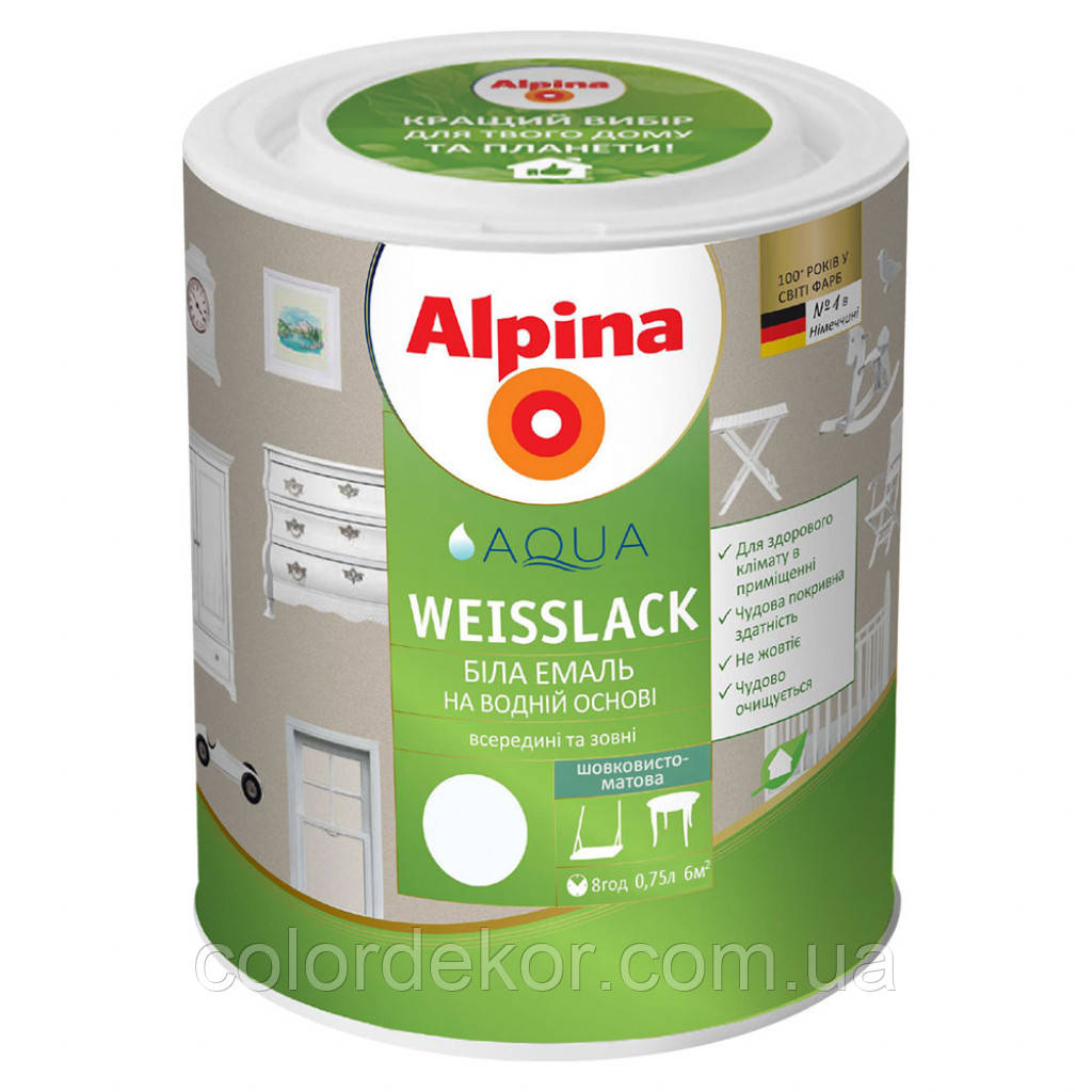 Емаль на водній основі Alpina Aqua Weisslack (шовковистий мат) 2,5 л