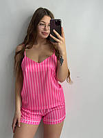 Женская пижама майка с шортами шелковая XL-XXL розовая в полосочку, летняя женская пижама с шортами сатиновая