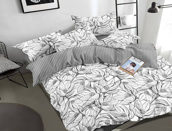 Євро максі комплект постільної білизни з простирадлом на гумці Квіти 200*220 комбінований бавовняний, бязь Gold, Черешенька, фото 1