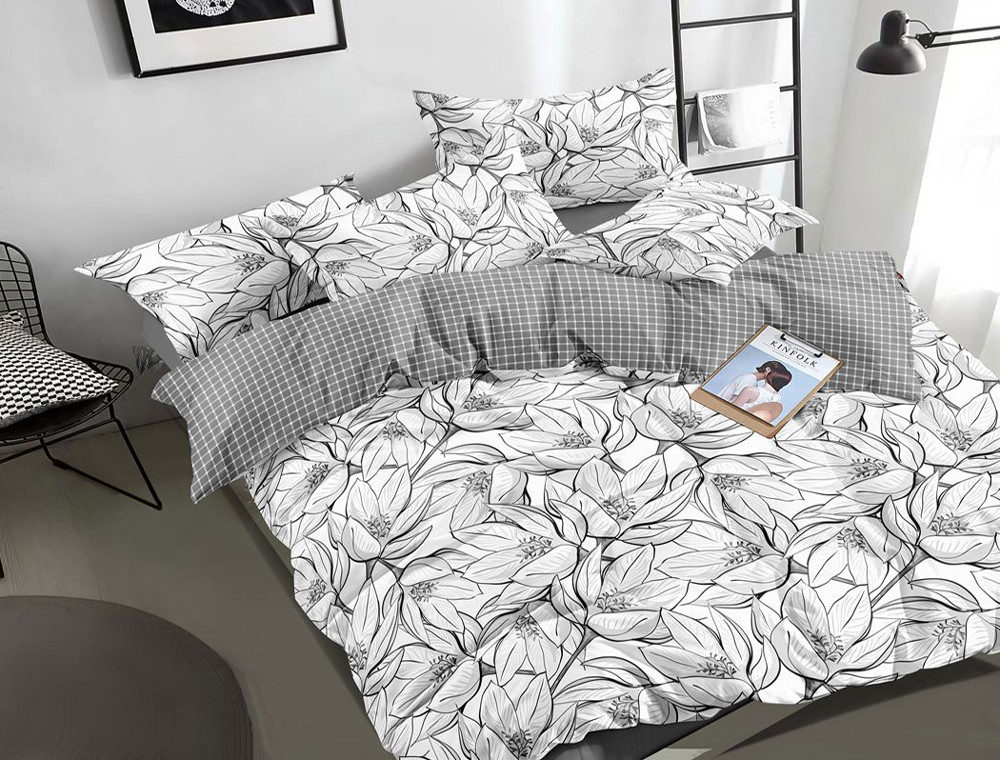 Євро максі комплект постільної білизни з простирадлом на гумці Квіти 200*220 комбінований бавовняний, бязь Gold, Черешенька