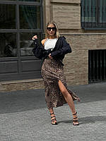 Женская летняя софт юбка леопард с разрезом, трендовая миди юбка завышенной посадки лео принт 46/48