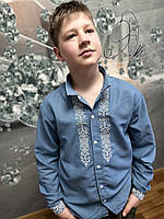 Рубашка вышиванка на мальчика "Лен Голубой джинс на кнопках" рост 116-164