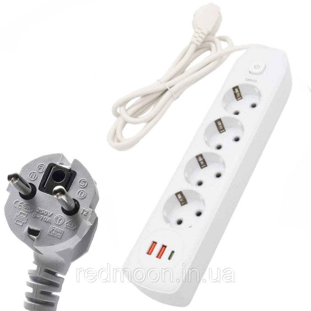 Подовжувач на 4 розетки + 2USB,Type-c, 2м, Q603, Білий / Перенесення розетка / Мережевий подовжувач / Розетка з юсб, фото 1