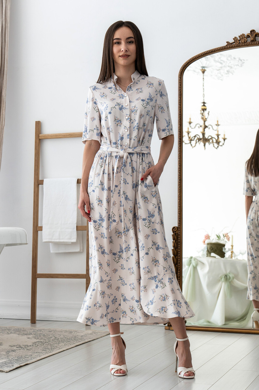 Жіночна міді штапельна сукня Флорет-літо з коміром та кишенями 42-56 розміри різні кольори молоко