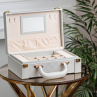 Шкатулка органайзер для украшений бижутерии прямоугольная 27 х 18.5 х 9 с зеркальцем чемодан из экокожи Серая