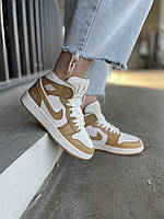 Джордани жіночі високі коричневі з білим Nike Air Jordan 1 Mid White Beige 36 37 38 39 40 41