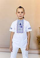 Футболка-вишиванка підліткова комір-стійка на зав'язках для хлопчика розмір 8-12 років, білого кольору