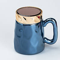 Чашка с крышкой 450 мл керамическая в зеркальной глазури Синяя