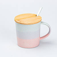 Чашка с бамбуковой крышкой и ложкой керамическая 350 мл Розовый