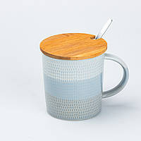 Чашка с бамбуковой крышкой и ложкой керамическая 350 мл Серая