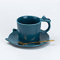 Чашка с блюдцем и ложкой керамическая 250 мл "Котик" Синяя