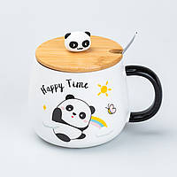 Чашка 450 мл с бамбуковой крышкой и ложкой керамическая Панда "Happy Time"