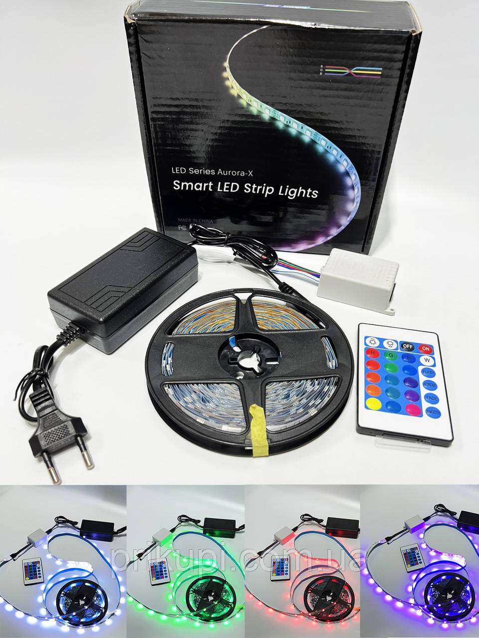 Світлодіодна стрічка 10 метрів з пультом RGB 5050 LED 12 В + блок від мережі 220 В на стелю, для кімнати