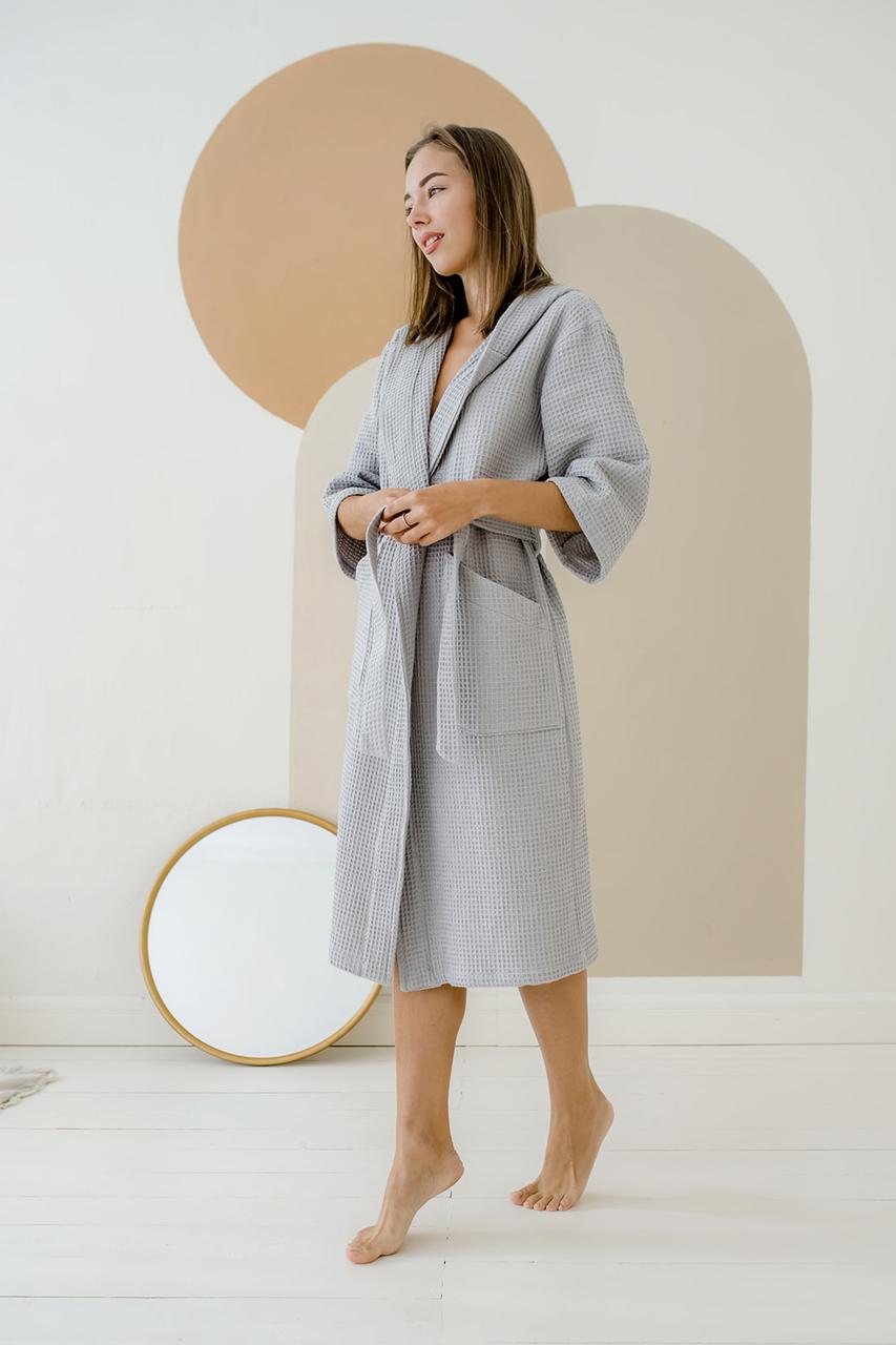 Жіночий халат вафельний з капюшоном 100% бавовна сірий розмір XL, фото 1