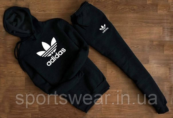 Чоловічий спортивний костюм Adidas Кофта з капюшоном кенгуру з принтом Адідас чорна, чоловічі штани з кишенями