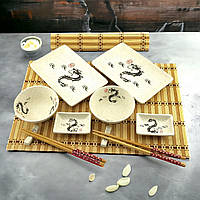 Набор китайской посуды для суши, роллов из керамики на 2 персоны 12 предметов Драконы