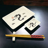 Набор столовых приборов для суши из керамики, бамбука Драконы 4 предмета в подарочной упаковке