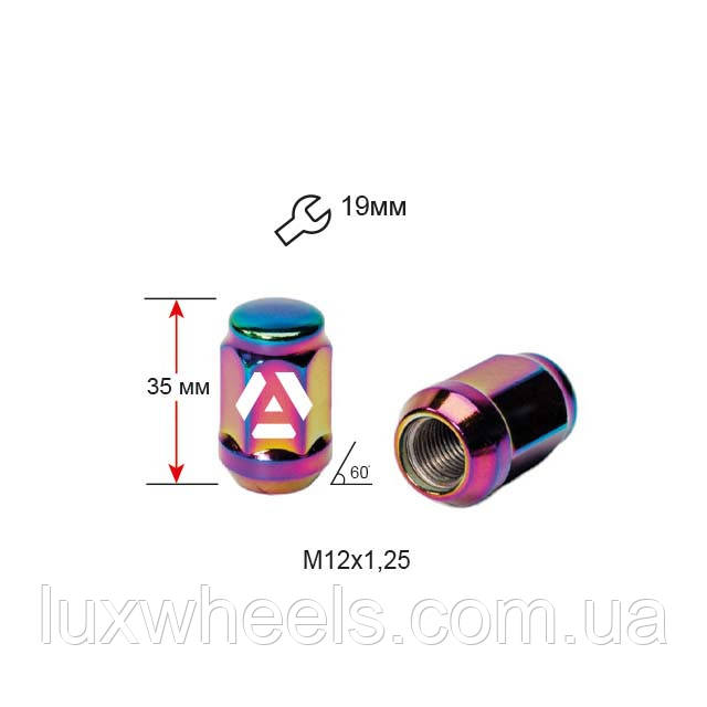 Гайка колісна A801444 SC M12х1,25х35мм Конус (Matiz, Nissan, Niva, Subaru, Suzuki) Закрита Райдужний Хром Кл19