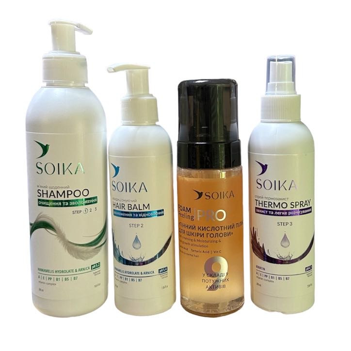 Набір SOIKA 4 в 1: шампунь, бальзам, спрей, пілінг для сухої та нормальної шкіри голови, фото 1
