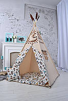 Детская Палатка домик бежевая с мягким ковриком и подушкой Wigwamhome 110х110х180 см Подвеска месяц