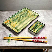 Керамический набор для суши 4в1 тарелка, соусница, палочки, подставка для палочек в подарочной упаковке