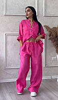 Женский льняной костюм с брюками в ярких цветах от нормы до батала Арт. 5617