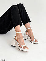 Premium! Женские кожаные бежевые босоножки на каблуке Летние Натуральная кожа Лето