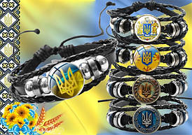 Плетений ручний браслет з екошкіри в стилі панк зі скляним кабашоном гербом України Герб Украины